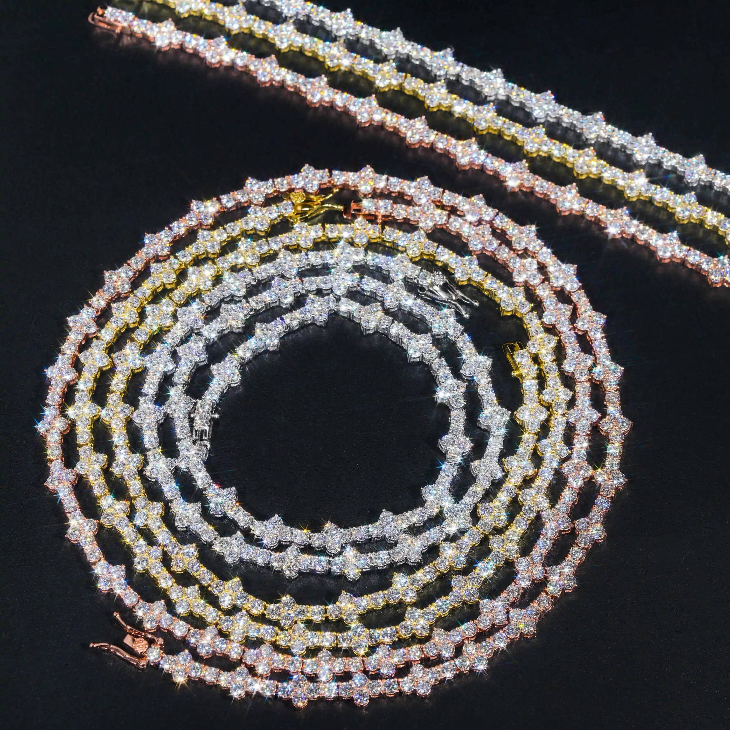3/4mm Moissanite Jewelry Plum Blossom Tennis Chain Bracelet Hip Hop Single Row Stone Necklace 925 Silver with GRA Certificate