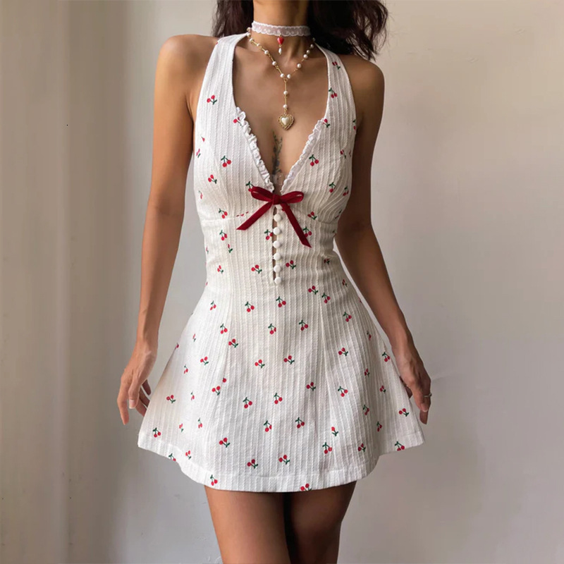2025 INS European and American Style 2024 Summer New Sweet Spicy Deep V Button Backless Cherry Print Waist-Cinching Halter Dress for Women