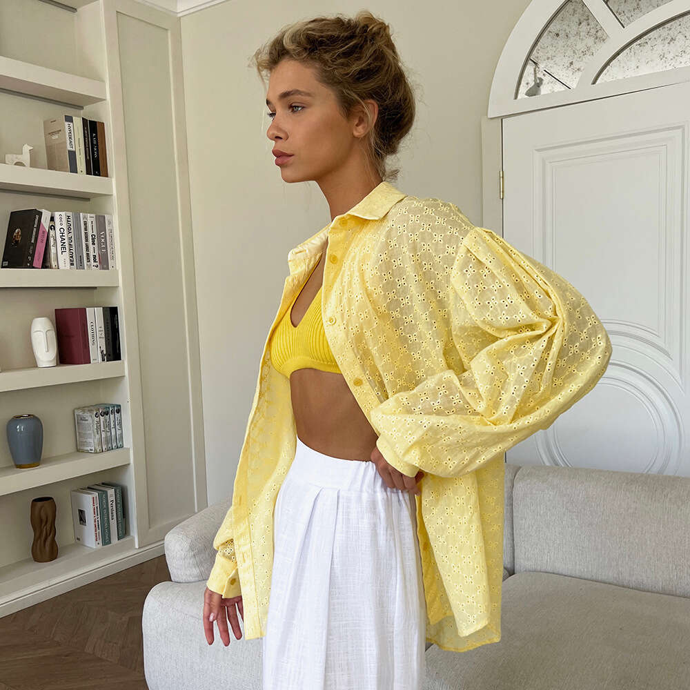 Lantern Sleeve Jacquard Shirt Spring Elegant Versatile Polo Collar Small Hollow Design Blouse B5
