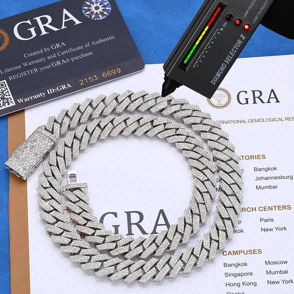 12mm Three Rows Pass Diamond Tester 925 Silver Rose Gold Plated Iced Out Hip Hop Flawless Moissanite Diamond Cuban Link Chain