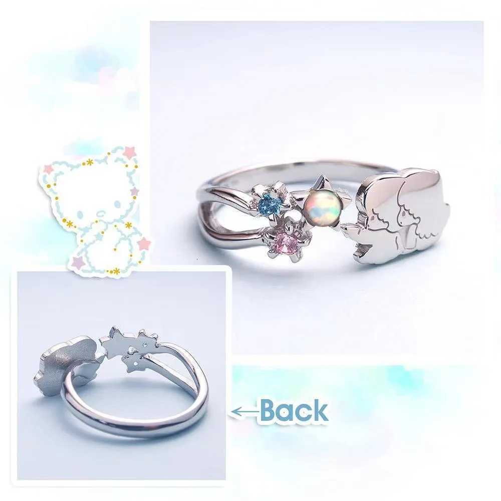 Sanrio Kawaii Hello Kitty Bow Star Ring Anime Sanrio Gemini Star Open Ring Couple Hand Ornament Girl Holiday Gifts w250716