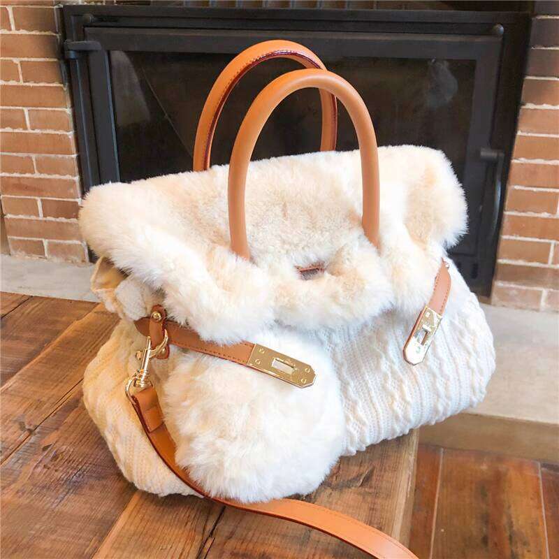 Autumn/Winter Fluffy Womens Wool Knit Handbag with Adorable Rabbit Fur Detail
