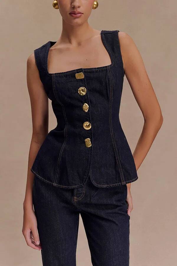 Spring Summer Women's Modern Style Button-Square Collar Sleeveless High-Waisted Denim Top And Straight-Leg Jeans Two-Piece Set