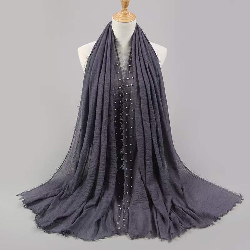 T1228 solid color fur edge cotton yarn pearl accessories headscarf cotton linen wrinkled monochrome women's scarf