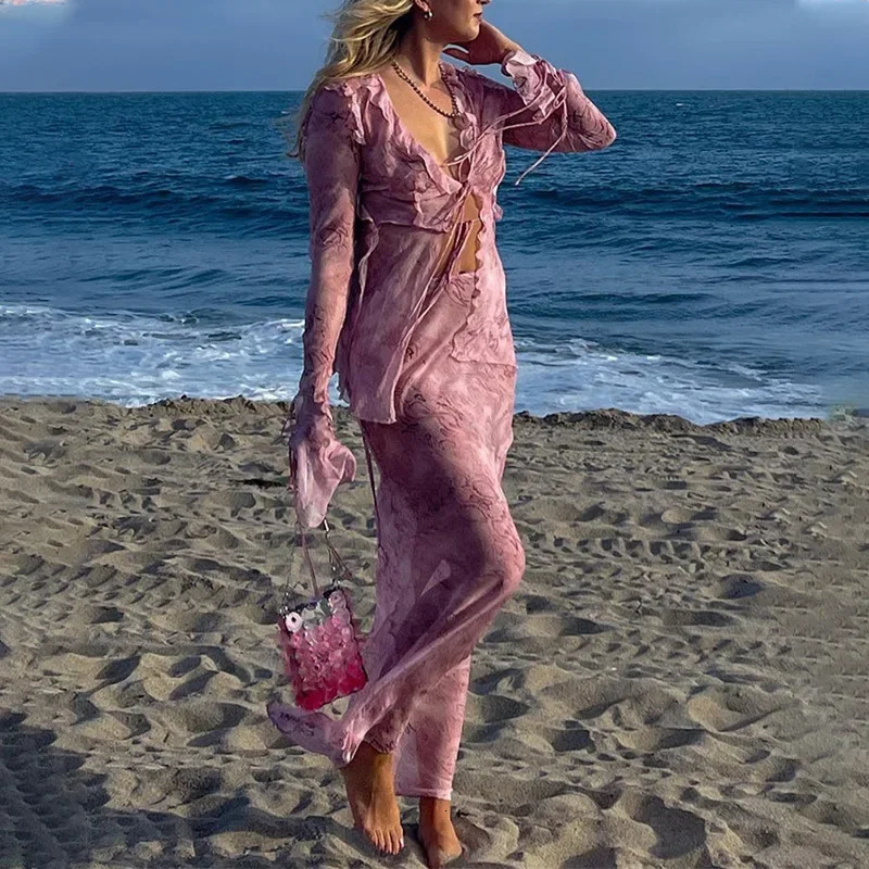 hirigin Chic Women 2 Piece Long Skirt Sets Sexy Floral Crop Cami Top Low Waist Bodycon Ruffle Maxi Skirt Summer Beachwear 250715