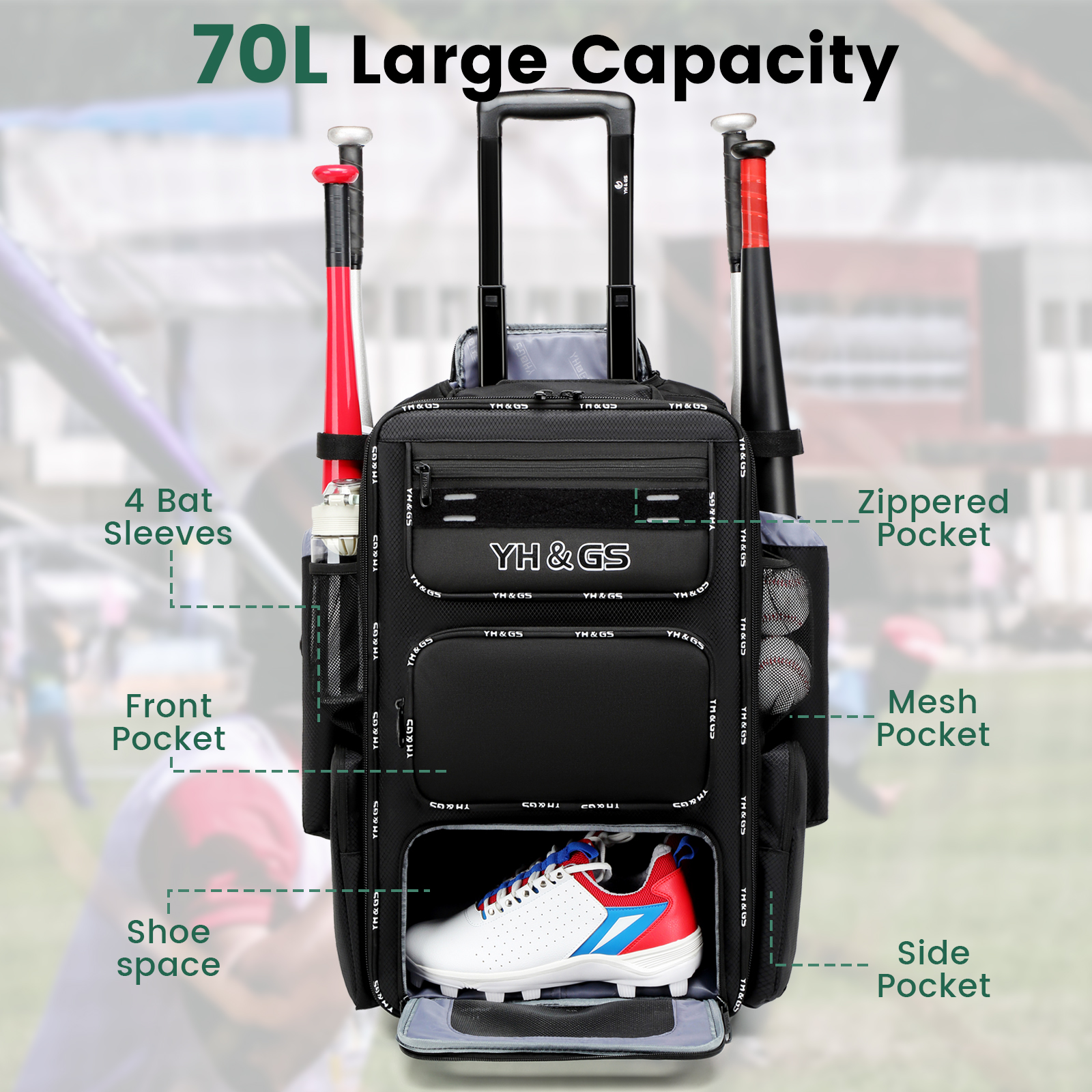 Rolling Baseball Bag,Wheeled Softball Bag with Fence Hook for TBall Bat & Equipment,Lightweight Baseball Bat Bag with Shoe Compartment