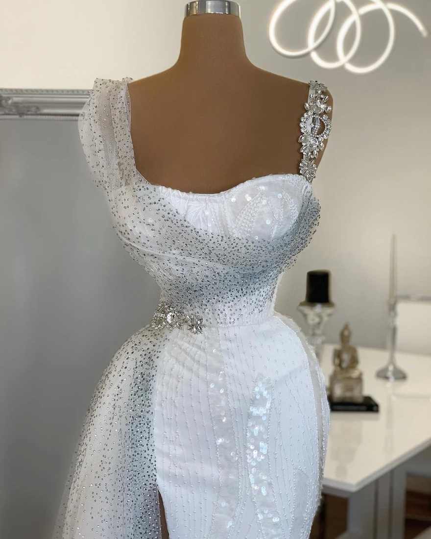 Customized Luxury Mermaid Wedding Dresses One Shoulder Lace Appliques Pearls Illusion Long Sleeves Overskirts Bridal Gowns Wedding Vestidos De Novia