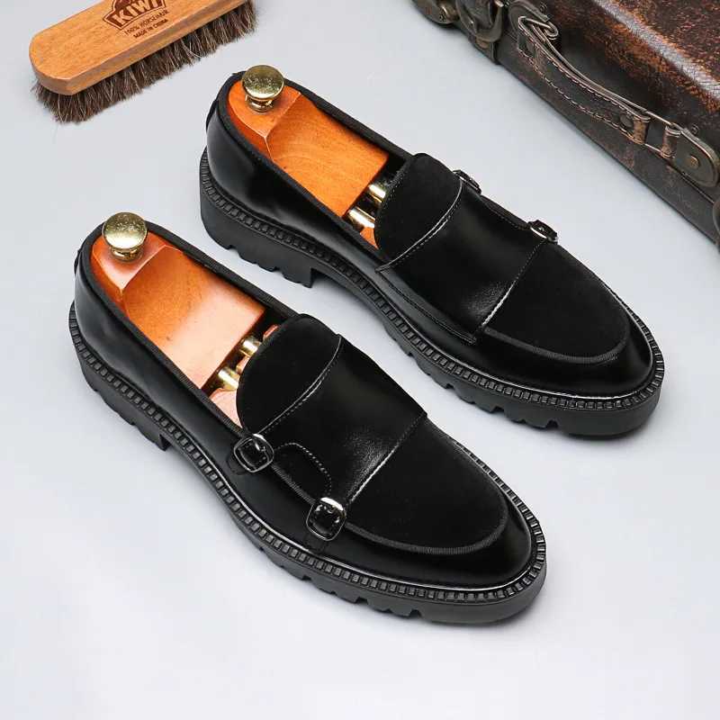 Fashion Mens Casual Leather Shoes Men Classic British Style Monk Loafers Mens Slip-on Thick Sole Heightened Shoe Patchwork W250716