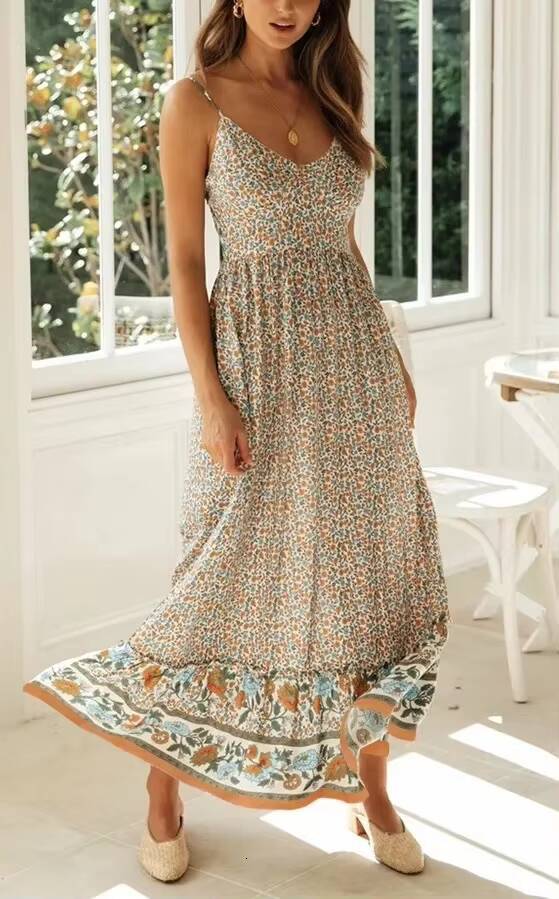 2025 Summer New Style Womens Bohemian V-Neck Tank Large Ornamentation Amazon Cross-Border Fashion Dress dongdumaoyi