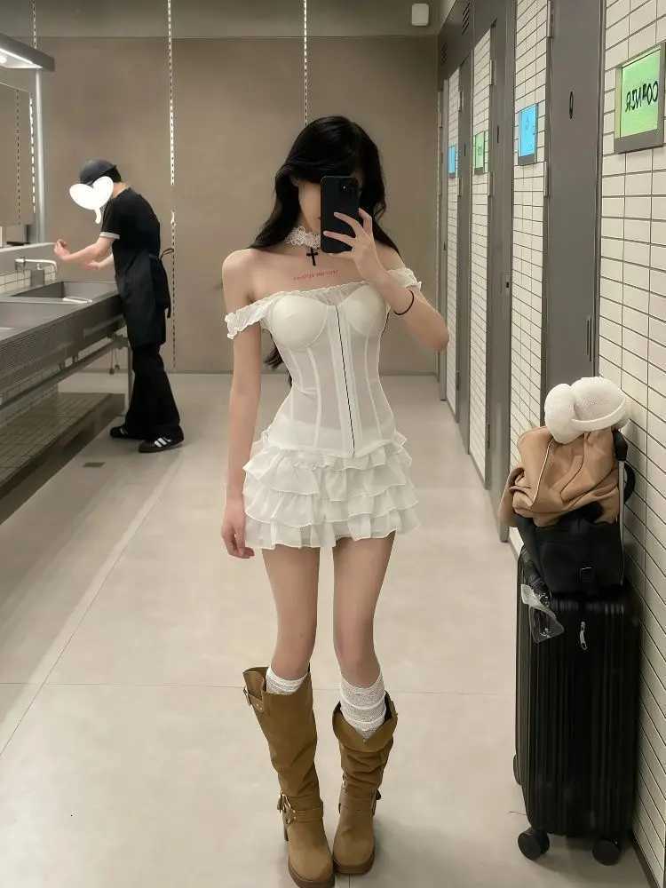 Women Sexy Two Piece Set Corset Top and Layered Ruffle Mini Skirt Slim Fit Suit Gothic Lolita Style Club Night Summer Outfit New R250716