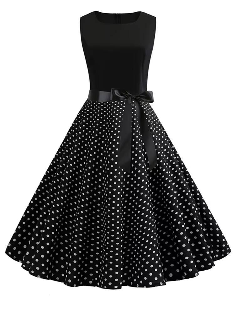Black White Polka Dot Summer Dress Women Sleeveless Vintage 50s 60s Party Office Dresses dongdumaoyi