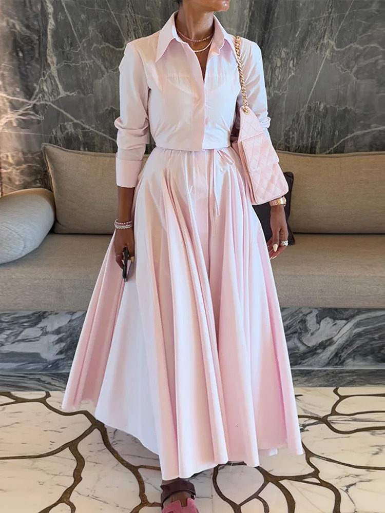 Womens Casual Pink Pleated Long Dress With Belt Fashion Lapel Full Sleeve Button Maxi Dress Lady 2025 Autumn Chic Street Robes 250715