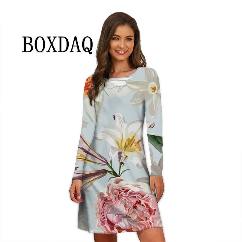 Flower Power Women Retro Hippie 60s Elegant Long Sleeve Loose Casual Fashion Oversized Autumn Woman Print Mini Dress dongdumaoyi