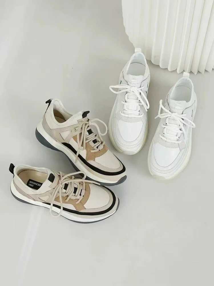 Fashion Sneakers for Women Genuine Leather Contrasting Color Breathable Sports Shoes Thick Sole Comfortable Commute Walking Shoes W250716