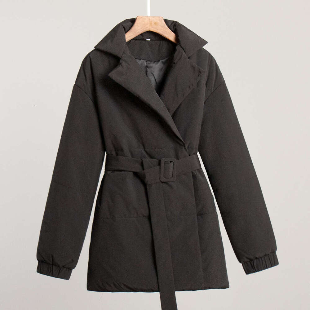 Winter New Thickened Slimming Waist Jacket With Belt Solid Color Cotton Coat B5