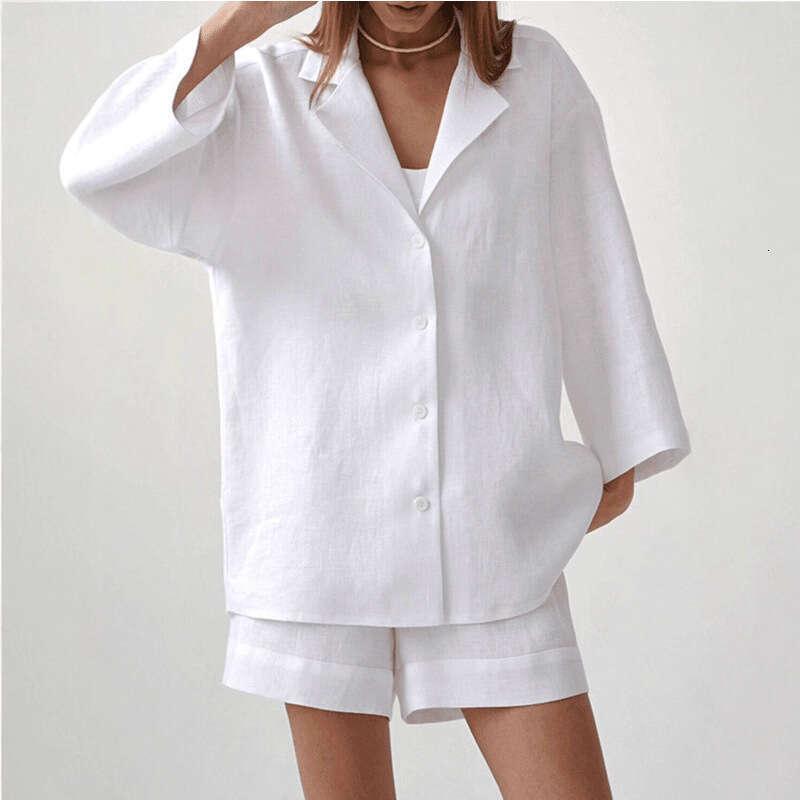 Pure Cotton Shorts For Women Summer Turn-Down Collar Loose Single-Breasted Shirt + High-Waisted Straight-Leg Pants Two-Piece Set B5
