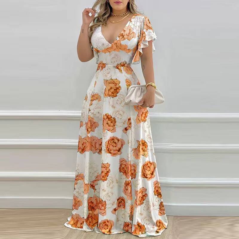 2024 New Womens Wear Independent Station Summer Flower Commuter V-neck Waist Wrap Print Large hem Dress dongdumaoyi