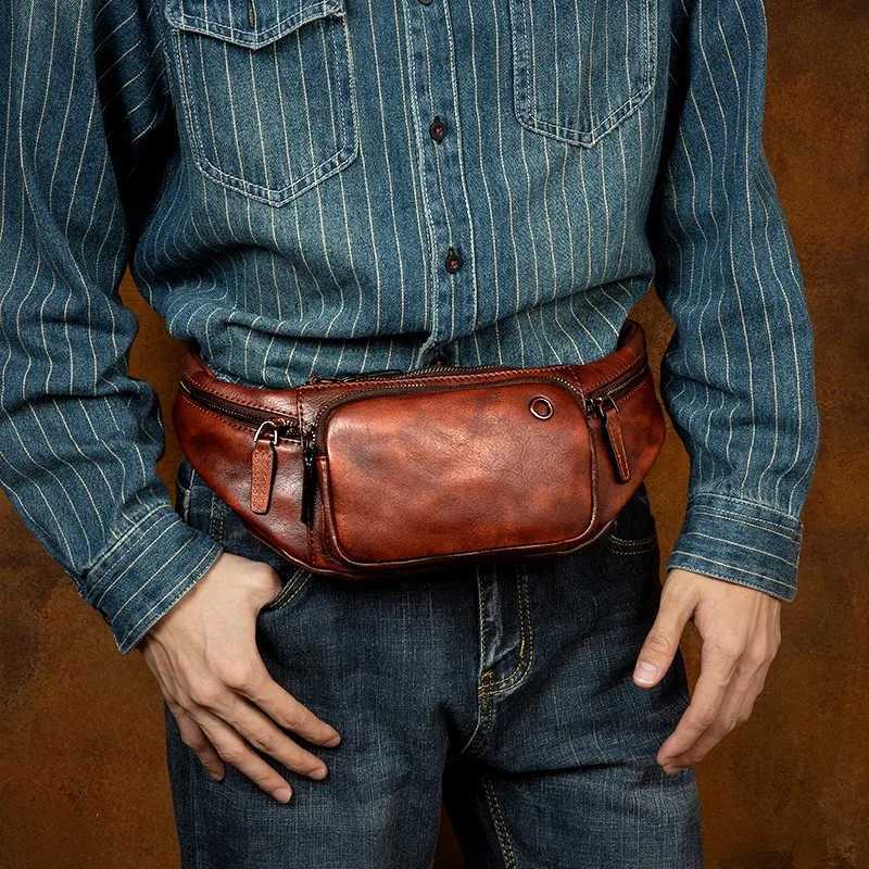 Leather bag with vegetable tanned cowhide multi-functional casual waist bag vintage bag.