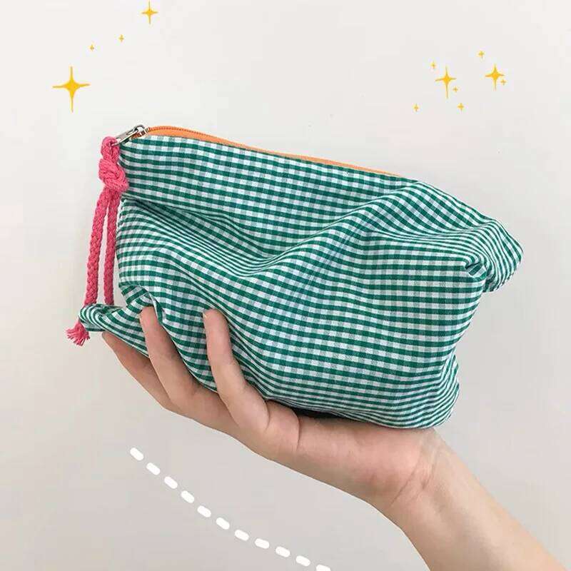 Portable Large Capacity Storage Fashion Women Girls Plaid Makeup Cotton And Linen Cosmetic Bag With Zipper Pouch Simple X250716