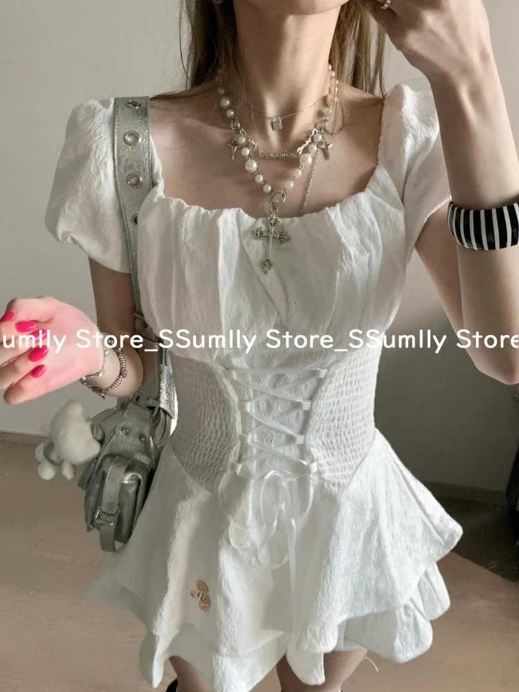 Korean Fashion Design Sense White Dress Women Solid Y2k Puff Sleeve One Piece Dress Party Summer New Elegant Slim Princess Dress R250716