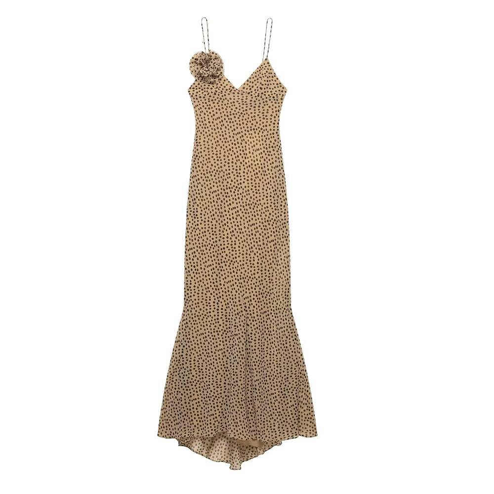 2025Polka dot sling three-dimensional decorative flower V-neck backless holiday style loose dress summer womens wear dongdumaoyi