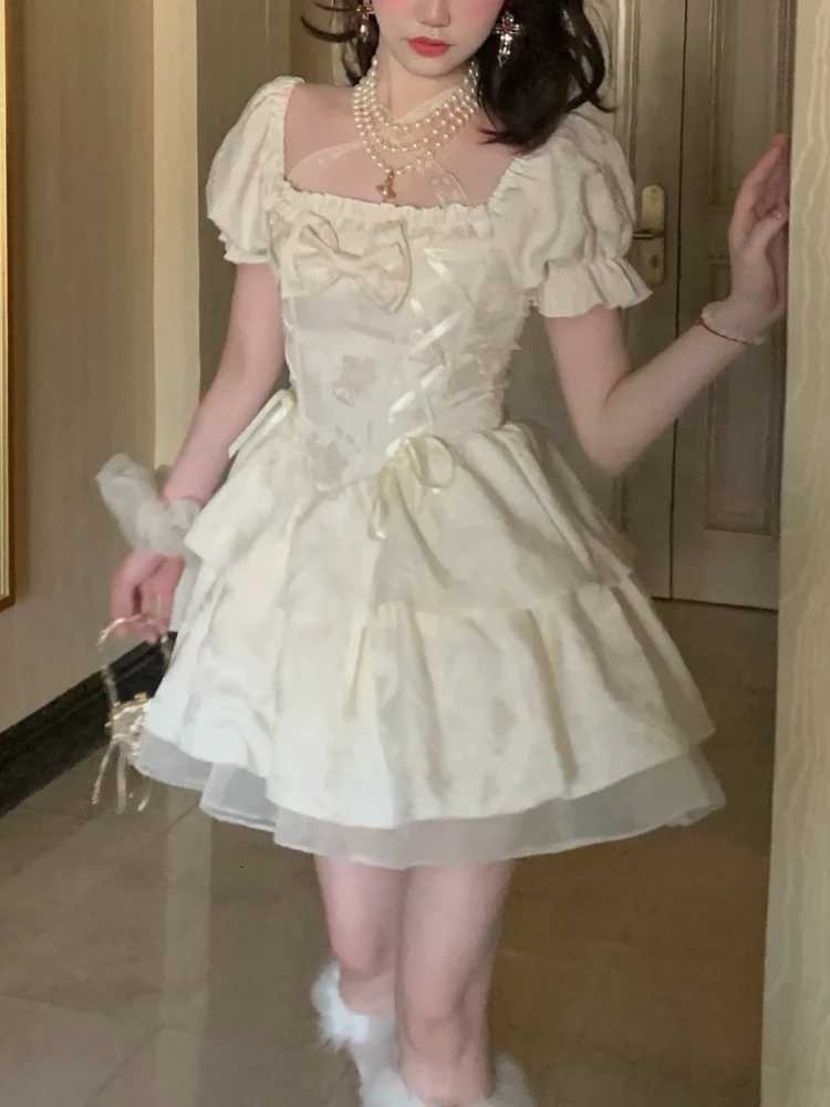 Summer New French Sweet Fairy One Piece Dress College Style Square Neck Bow A-Line Short Dress Women Elegant Party Clothes R250716