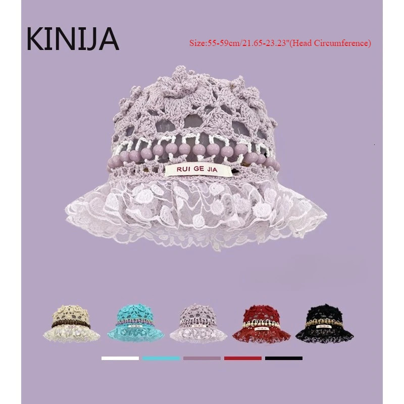 Korea Retro Knitted Hollow Out Flower Bead Hat Handmade Crochet Bucket Hat Women Summer Basin Cap Trendy Round Top Cap Girl 250715