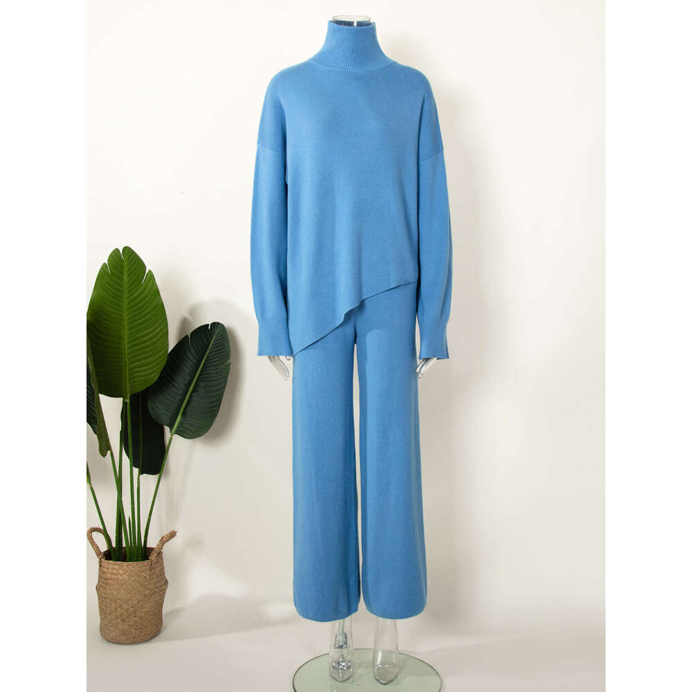 Half Turtleneck Ins Irregular Slanted Sweater + Knitted Wide-Leg Pants Two-Piece Set B5