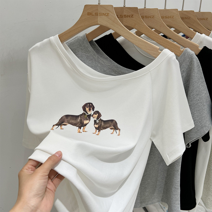 Summer New Women S T Shirt Gray Asymmetrical Short Sleeve T Shirt For Women Summer New Puppy Print Design American Style Loose Off Shoulder Top Ins Ne