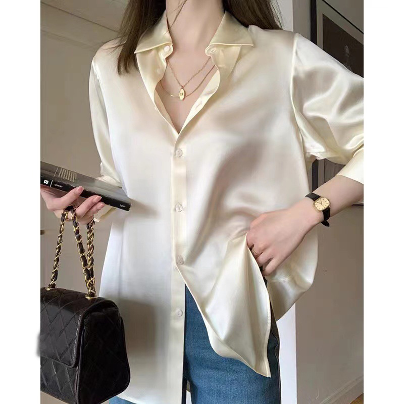 2025 autumn new French satin silk long sleeved casual solid color shirt high-end women's shirt