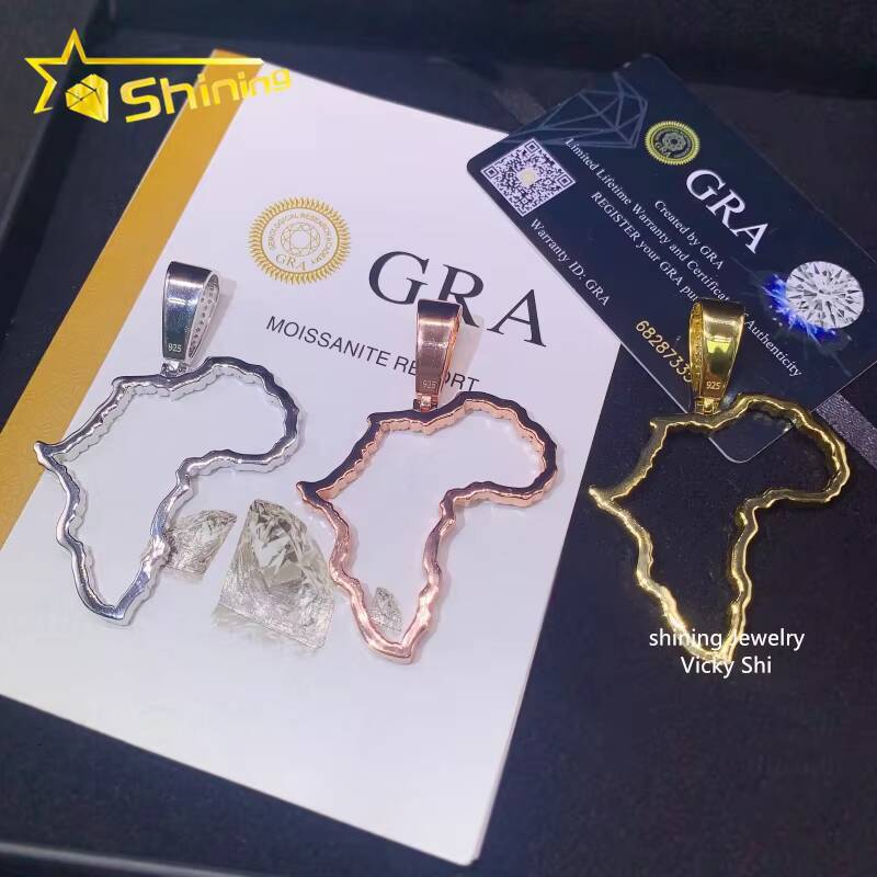 Hot Selling New Design Hip Hop Jewelry S925 Silver Gold Plated VVS Moissanite Diamond Map Pendant for Necklace