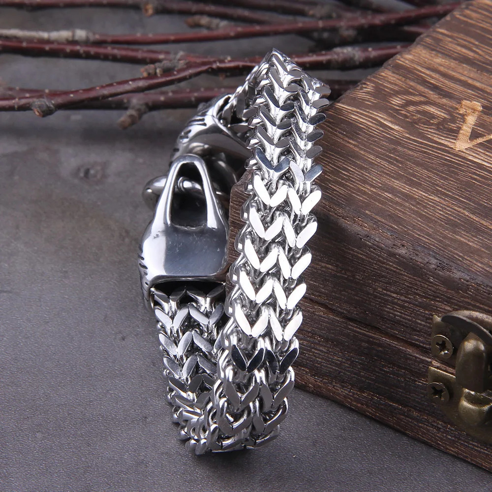 Never Fade Rock Viking Wolf Charm Bracelet Mens Stainless Steel Mesh Chain Gold Wolf Punk Jewelry without box 250712