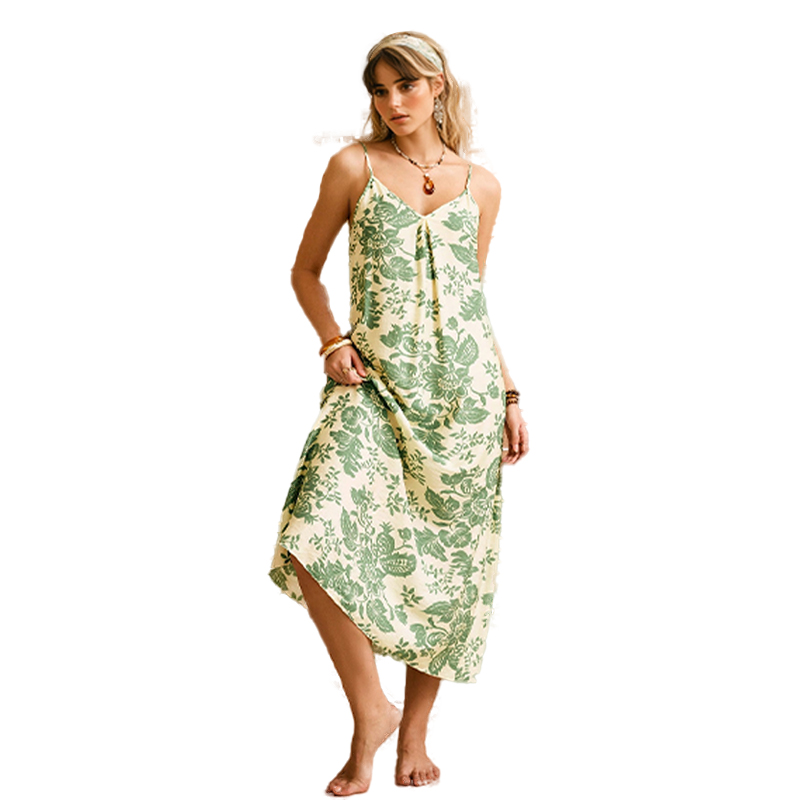 2025 New Women's Spring/Summer Green Floral Strapless Long Dress Nightgown Homewearfree