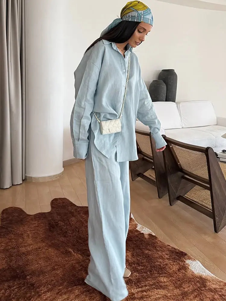 Casual Womens Trouser Suits Long Sleeve Turn-Down Collar Button Solid Lady Sets 2025 Summer Fashion 2 Pieces Set Women 250715