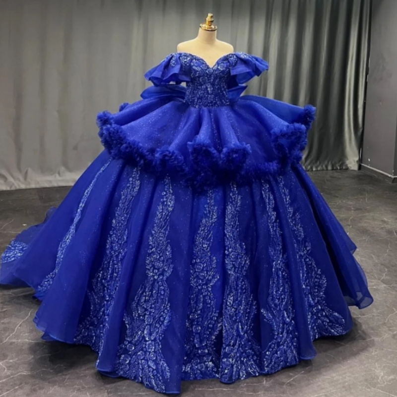 Royal Blue Shiny Quinceanera Dresses Ball Gown Off The Shoulder Applique Beading Tull Party Birthday Sweet 16 Dress Vestidos 15 Anos