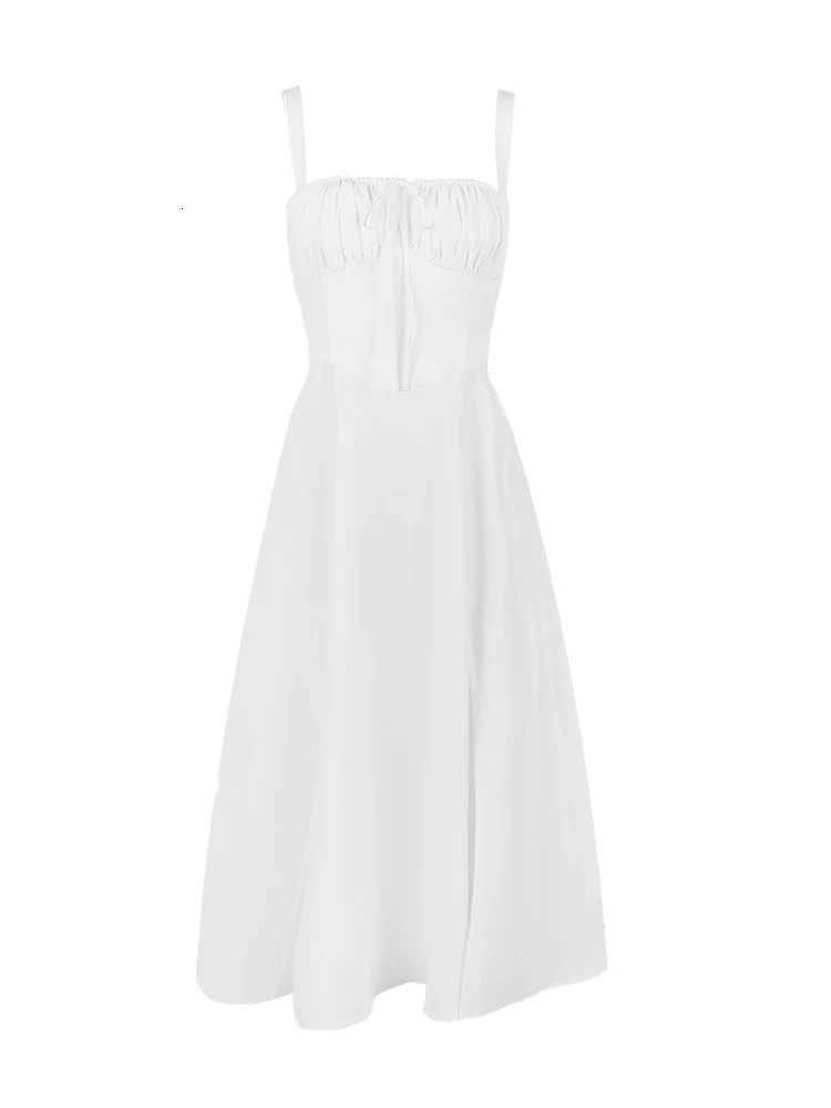 Suninheart Full Lining Elegant Lace Up Holiday Party Dresses Midi Sexy Spaghetti Strap Split Dress White Summer Dress Women 2023 R250716