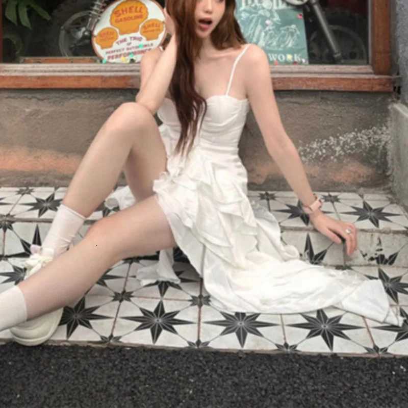 2025 Elegant Ruffle Hem High Low Dress Womens Sleeveless Spaghetti Strap White Gothic Vintage Fairycore Aesthetic Midi Dress R250716