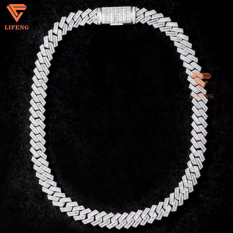 Lifeng Jewelry Mens S925 Hip Hop Cuban Link Chain VVS Moissanite IECD Diamond Necklace White Gold Plated