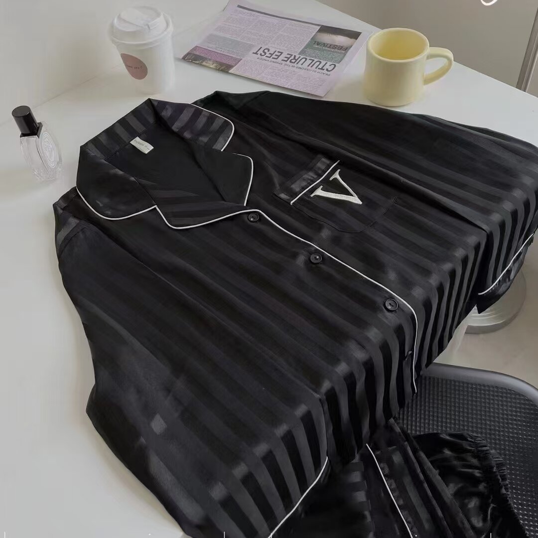 Home Clothing Striped Embroidered Letter Pocket Short Sleeve And Shorts Pajama Set Casual Satin Sleepwear With Lapel Collar Button Detail