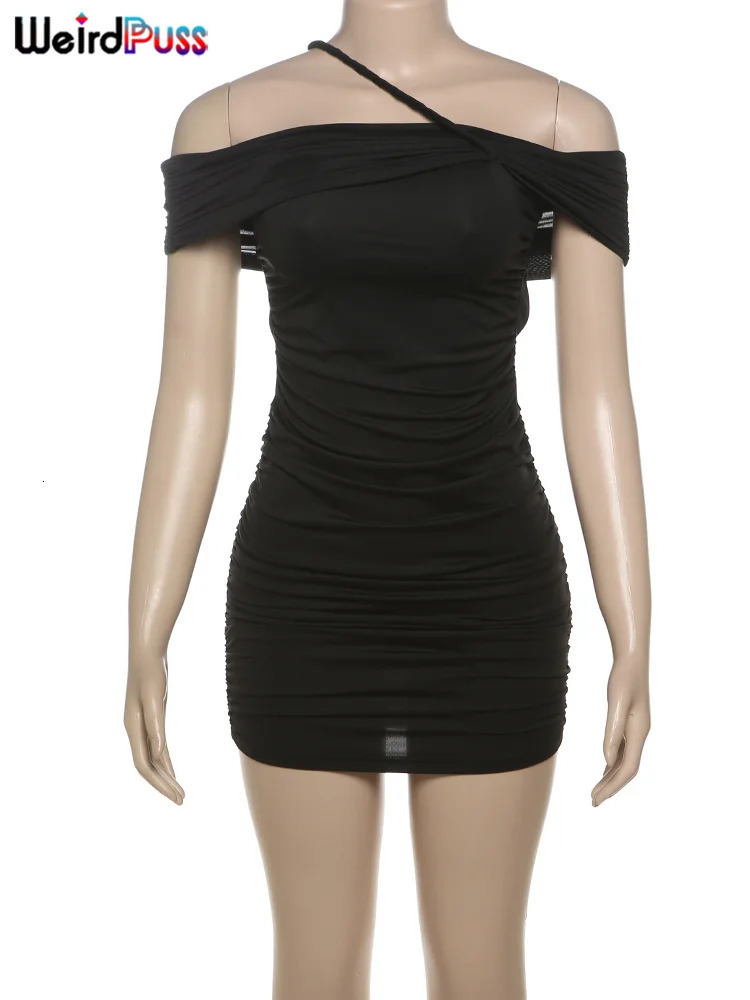 Weird Puss Pleat Irregular Dress Women Slash Neck Single Shoulder Skinny Stretch Backless Midnight Hipster Clubwear Mini Bodycon 250715