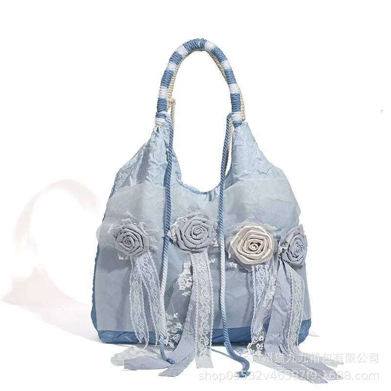 Vintage Pastoral Satin Tie-Dye Rose Early Summer Blue Pleated Fairy Tassel Lace Shoulder Bag