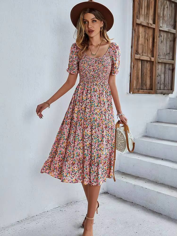 Bohemia Print 2025 New Summer Holiday Midi Dress Casual Puff Sleeve High Waist Boho Split Dresses For Women Clothes dongdumaoyi