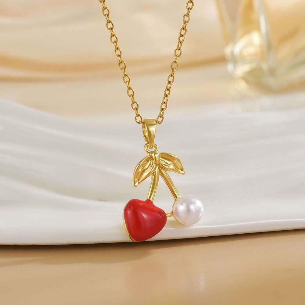 Necklace For Women Copper Inlaid With Zircon Red Cherry Pendant Fashionable Fresh High-End Clavicle Chain Accessory 653