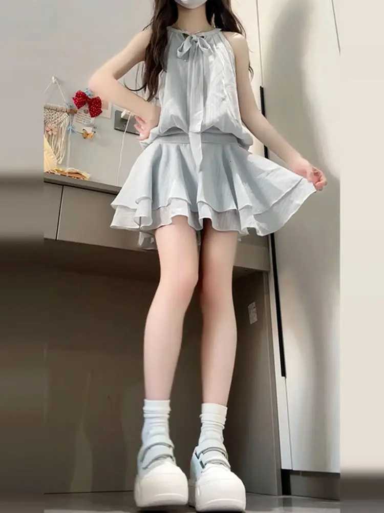 2025 Summer New Korean Blue Tie-fitting Neck Dress for Women College Style Waist-hugging and Slimming A-line Short Skirt R250716