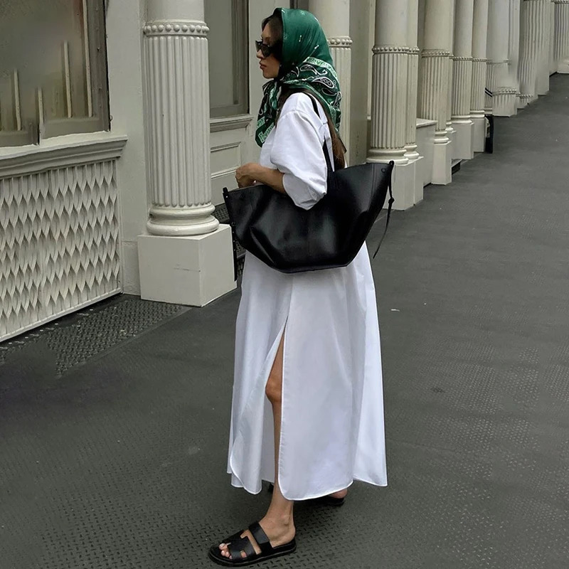 Tornova Loose Casual Shirt Long Dress For Women Fashion Single Breasted Lapel Slit Dress French Long Sleeve Summer Dress 250715