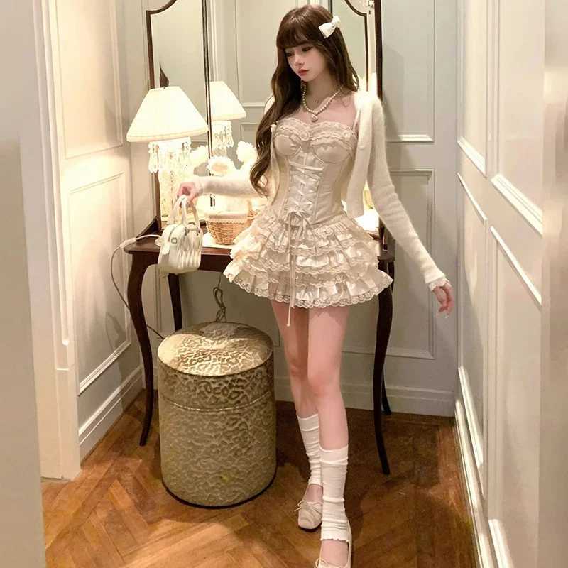 Mekst Y2K 2 Piece Sets Women Outfit Sexy Crop Lace Bandage Tank Tops + Ruffles Ball Gown Mini Skirt Summer Gyaru Design Clothes R250716