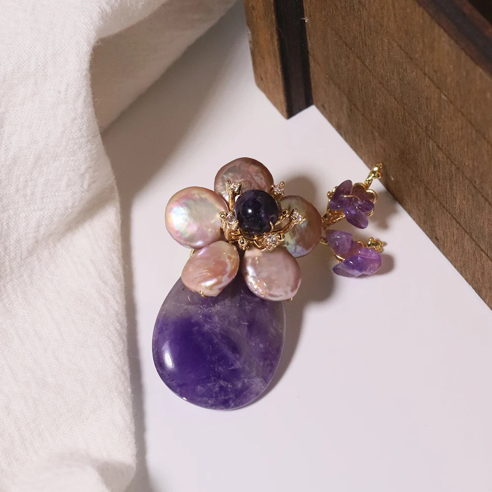 Natural Pearl Amethyst Baroque Flower Branch Brooch Korean Womens Jewelry Fashion Womens and Girls Gifts GO0580 250712