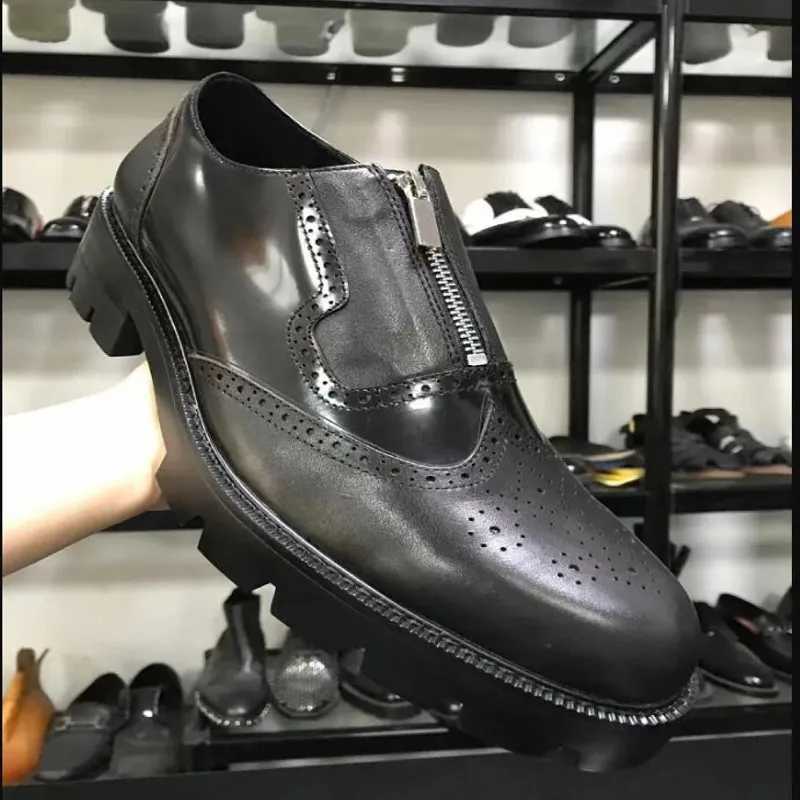 Handmade Genuine Leather Shoes for Men Oxfords Zipper Brogue Carved Office Shoes Wedding Dress Shoe Gentlemen Plus Size 38-45 W250716