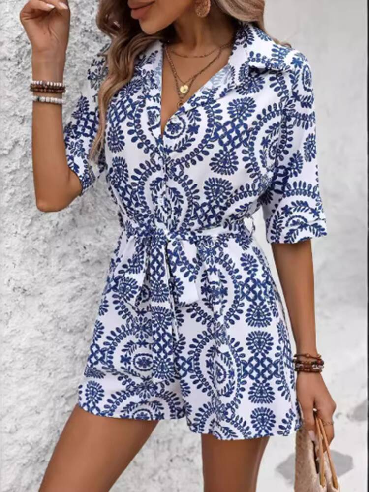V-neck Button Lace Up Short Sleeved Floral Print Womens Street Fashion Elegant Fresh Style Summer Dress dongdumaoyi
