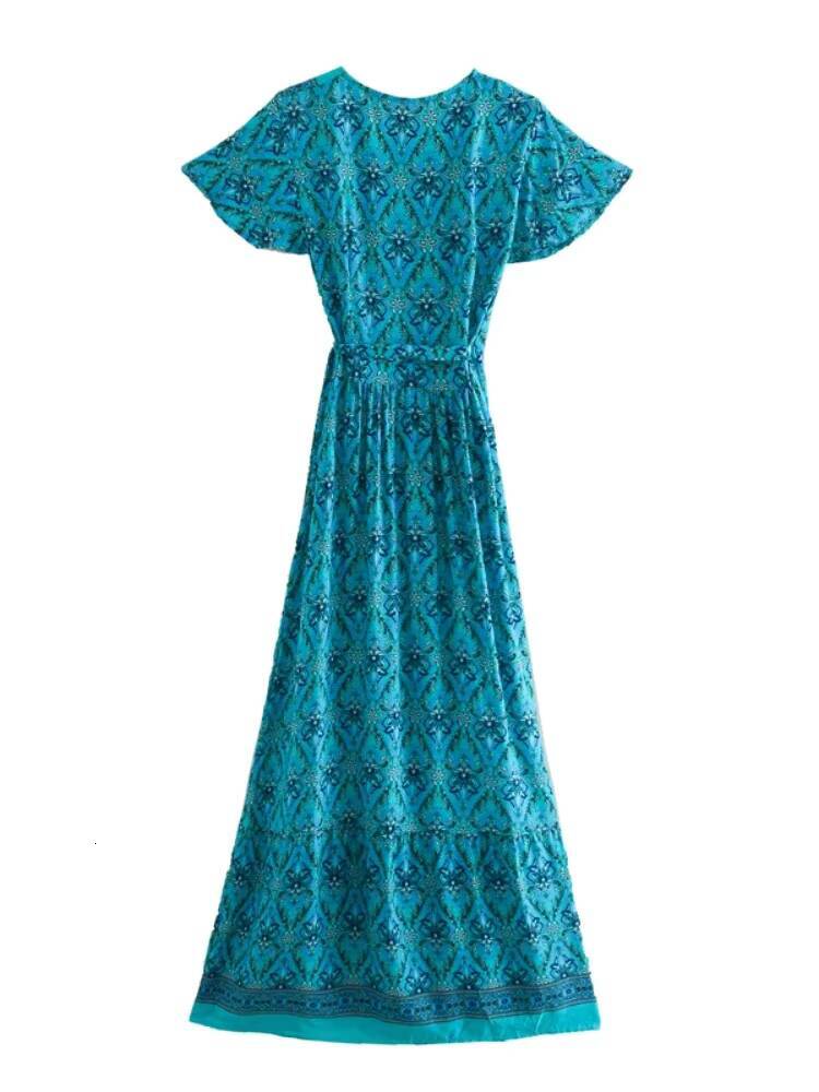 Summer Vintage Floral Print Wrap Long Boho Dresses Women 2025 Fashion V Neck Bow Tie Sashes Rayon Beach Maxi Dress Vestidos dongdumaoyi